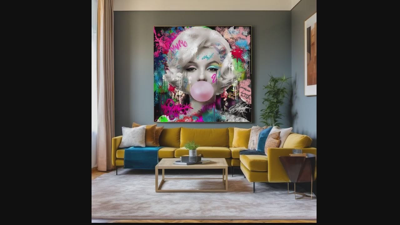 Graffiti Art, Street Art, Iconic Marilyn Monroe blowing Bubble Gum, Audrey Hepburn, Brigitte Bardot, Celebreti Portrait, Modern Pop Art Print on Canvas for Living room, Office, Hotel, Gift