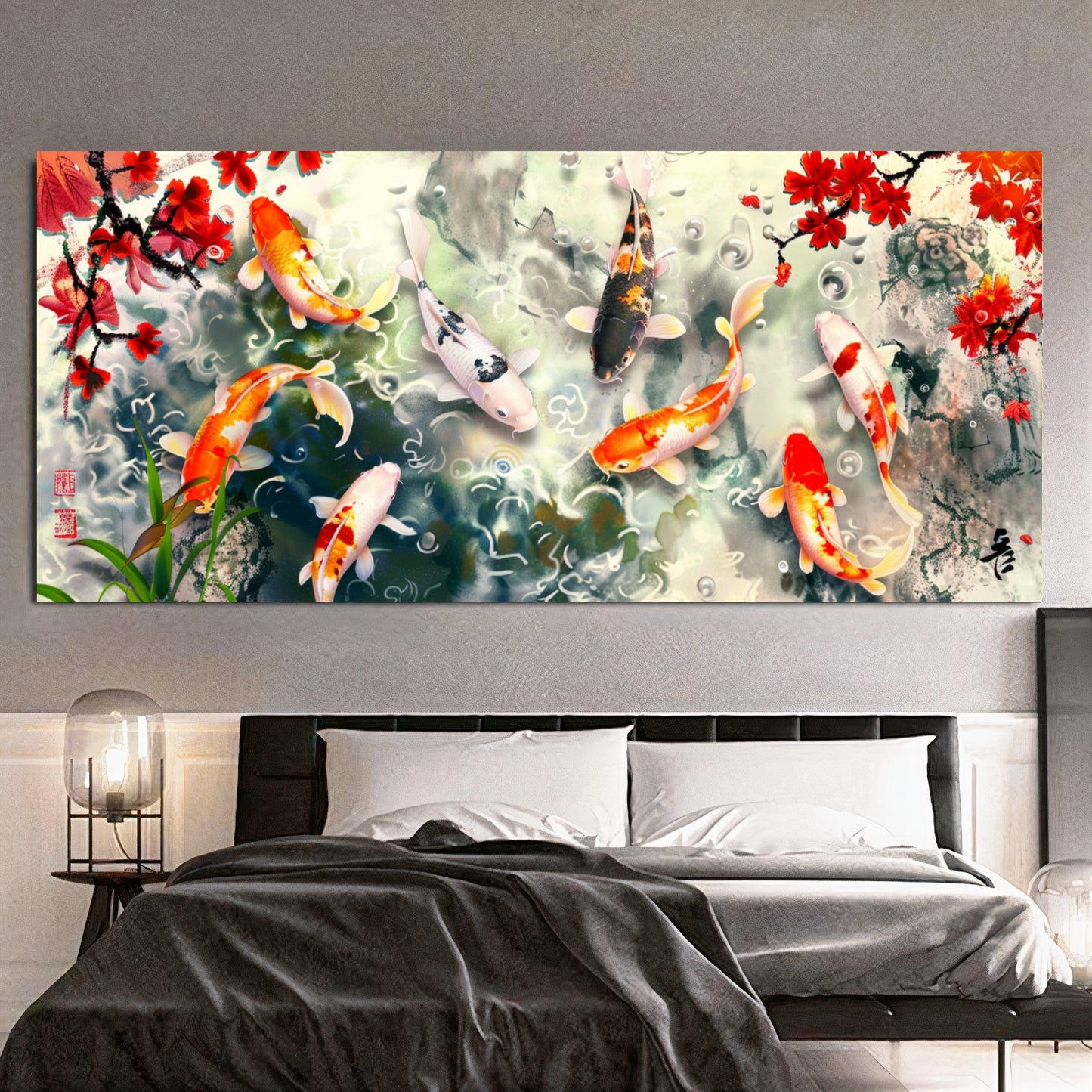 Serene Koi Pond - Vibrant Nine Koi Fish Canvas Art with Cherry Blossoms, Print on Canvas B