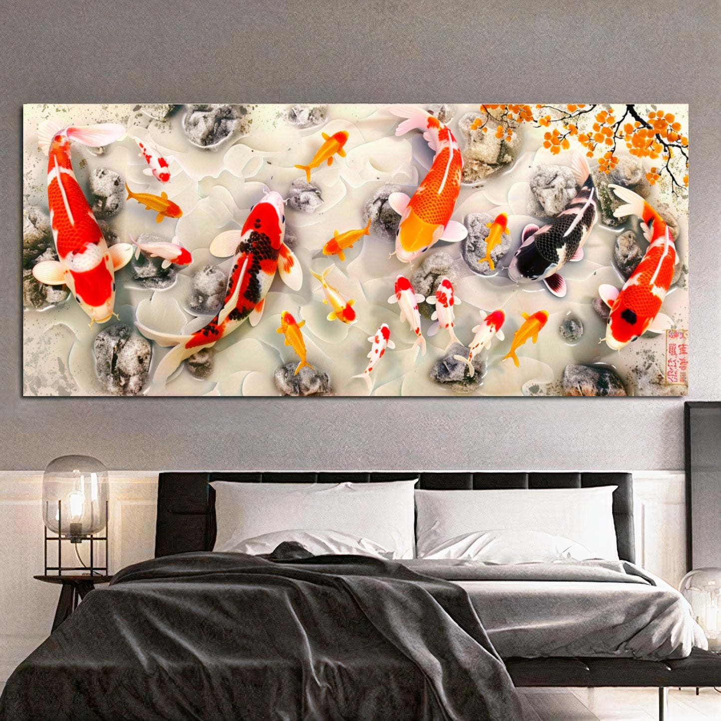 Serene Koi Pond - Vibrant Nine Koi Fish Canvas Art with Cherry Blossoms, Print on Canvas E