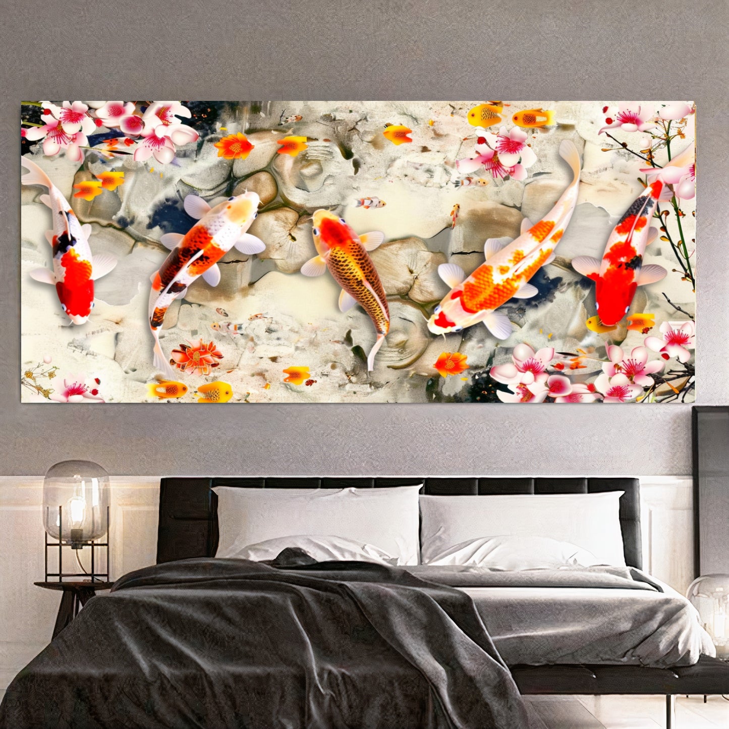Serene Koi Pond - Vibrant Nine Koi Fish Canvas Art with Cherry Blossoms, Print on Canvas D