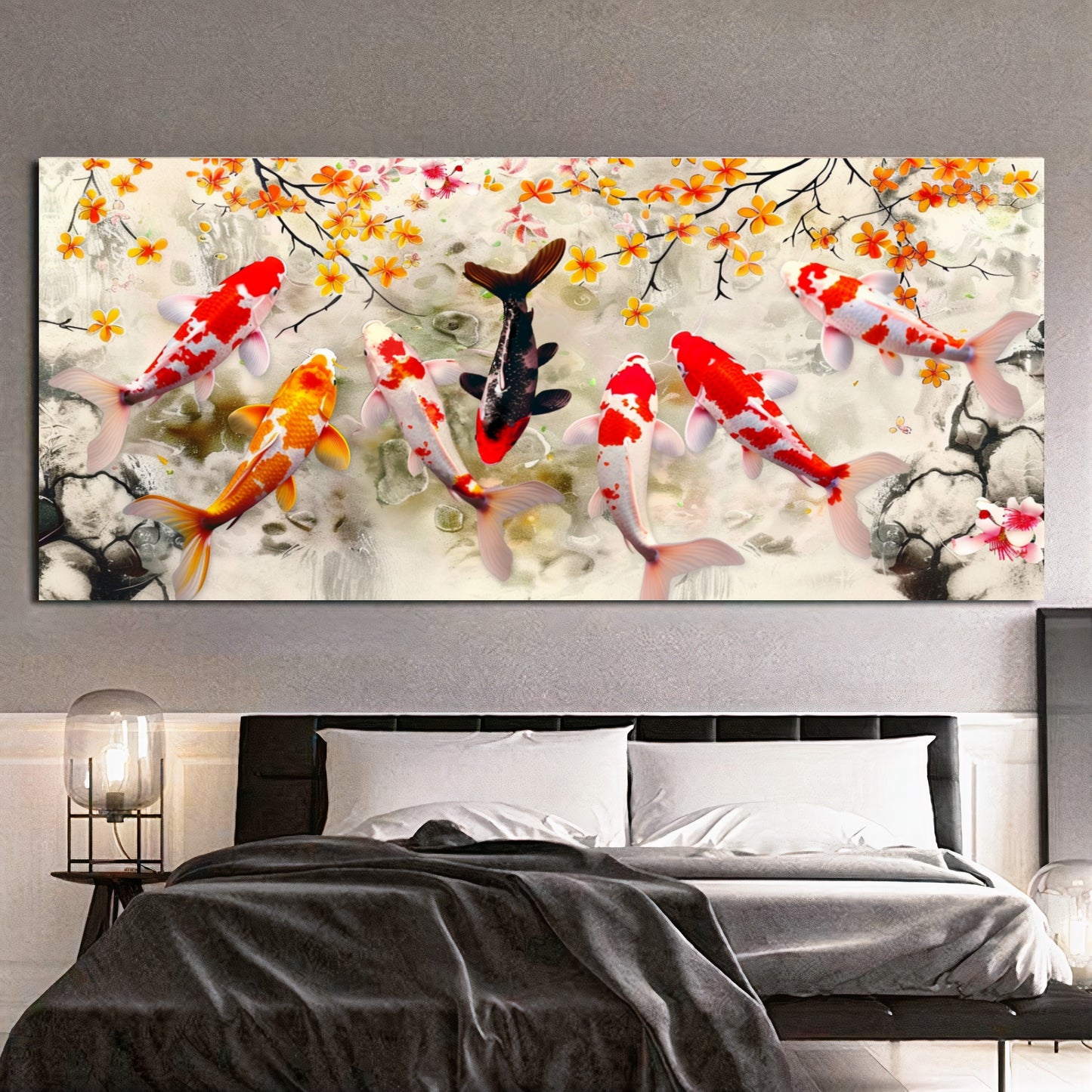 Serene Koi Pond - Vibrant Nine Koi Fish Canvas Art with Cherry Blossoms, Print on Canvas C