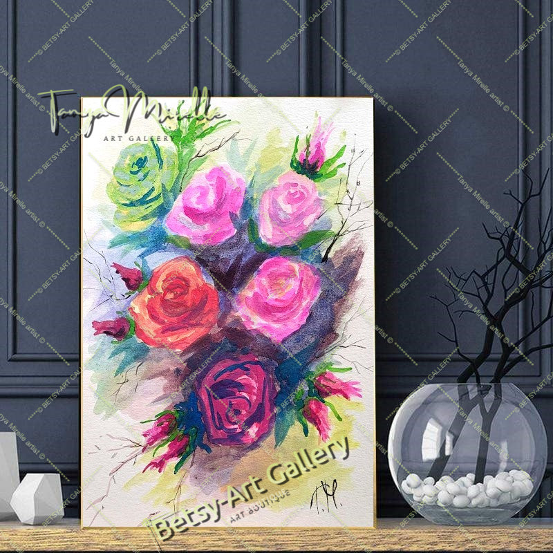 Garden Roses Watercolor Painting, Original Wall Art, No Frame {{ shop_name }}watercolor art print birthday gift blooming garden art botanical print colorful painting floral art floral painting garden painting garden roses painting gift for mom nature painting paper painting small painting wall art home decor watercolor floral watercolor flowers watercolor landscape watercolor painting wildflowers painting
