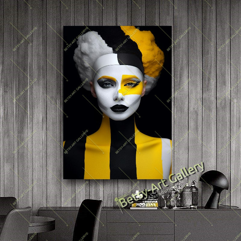 Black Yellow Woman Abstract Face Fashion Canvas Print – Large – Oil on Canvas – {{ product.title }} canvas artwork by Tanya Mirelle – modern wall decor – original artwork for home, living room, office, or gallery – original artwork by BETSY-ART GALLERY