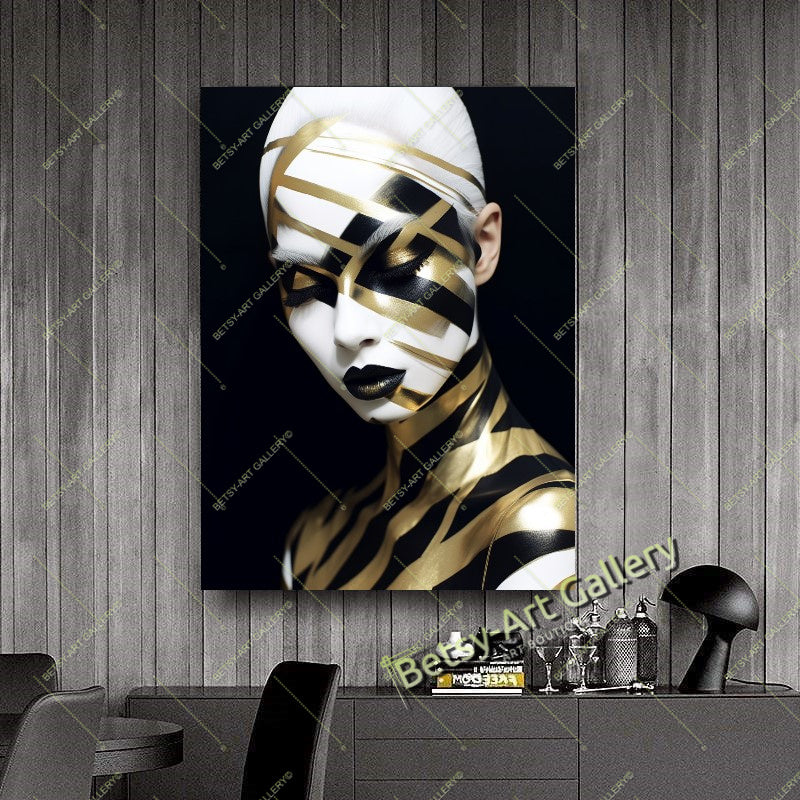 Black Yellow Woman Abstract Face Fashion Canvas Print – Large – Oil on Canvas – {{ product.title }} canvas artwork by Tanya Mirelle – modern wall decor – original artwork for home, living room, office, or gallery – original artwork by BETSY-ART GALLERY