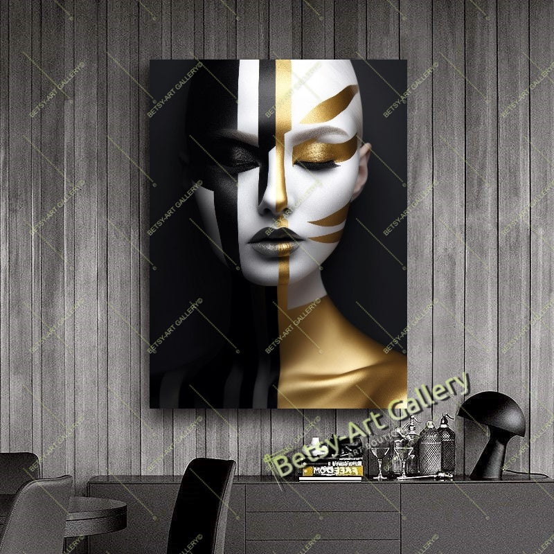 Black Yellow Woman Abstract Face Fashion Canvas Print – Large – Oil on Canvas – {{ product.title }} canvas artwork by Tanya Mirelle – modern wall decor – original artwork for home, living room, office, or gallery – original artwork by BETSY-ART GALLERY