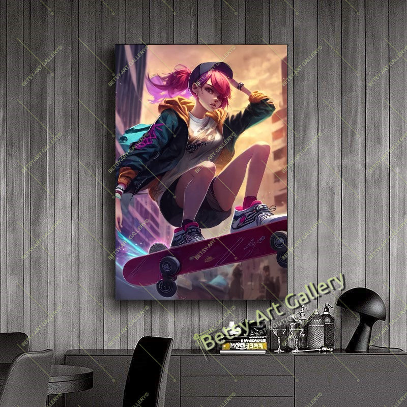 Skater Girl Anime Print: Urban Anime Wall Decor – Large – Oil on Canvas – {{ product.title }} canvas artwork by Tanya Mirelle – modern wall decor – original artwork for home, living room, office, or gallery – original artwork by BETSY-ART GALLERY