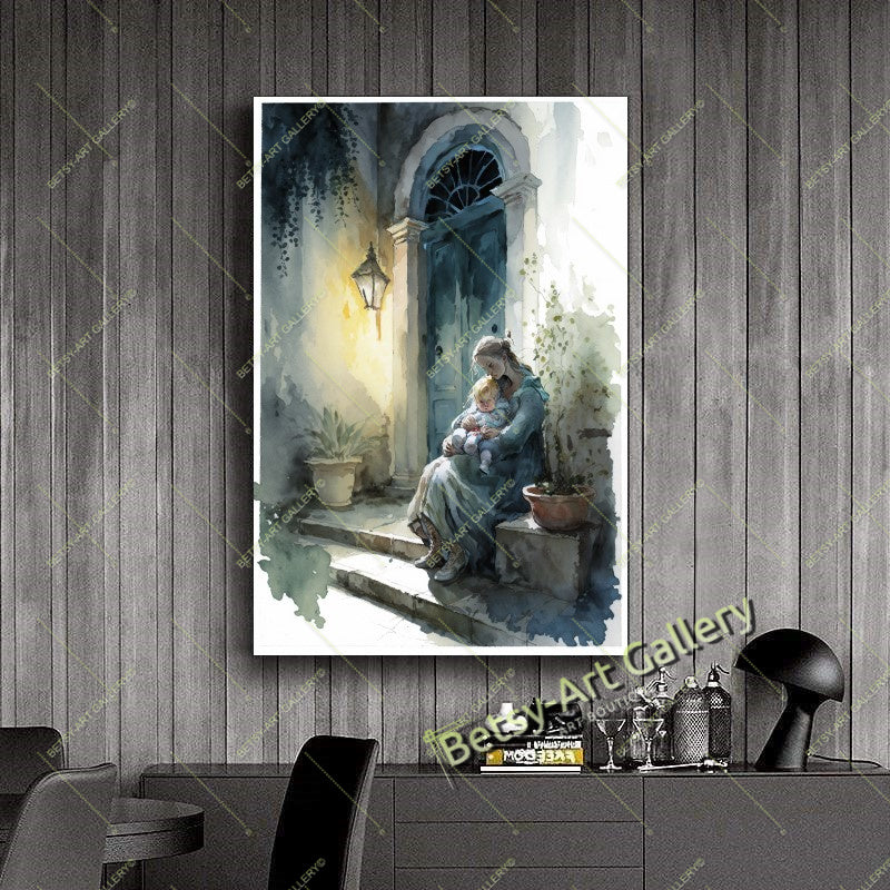 Ancient Mediterranean Landscape Canvas Print: Woman with Baby – Large – Oil on Canvas – {{ product.title }} canvas artwork by Tanya Mirelle – modern wall decor – original artwork for home, living room, office, or gallery – original artwork by BETSY-ART GALLERY