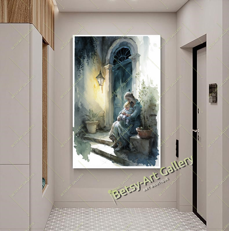 Ancient Mediterranean Landscape Canvas Print: Woman with Baby – Large – Oil on Canvas – {{ product.title }} canvas artwork by Tanya Mirelle – modern wall decor – original artwork for home, living room, office, or gallery – original artwork by BETSY-ART GALLERY