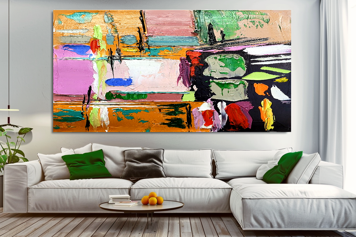 Colorful Abstract Art Composition, Vibrant Impasto Oil Painting on Canvas