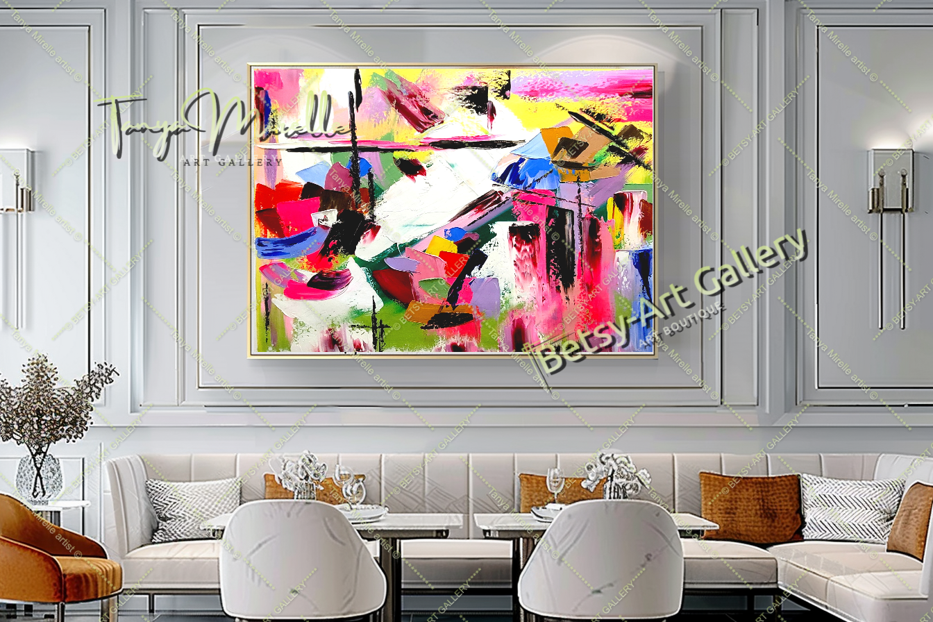 GRANDE peinture à l'huile abstraite moderne, rose vif et rouge, sur toile, pour salon