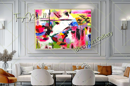 GRANDE peinture à l'huile abstraite moderne, rose vif et rouge, sur toile, pour salon