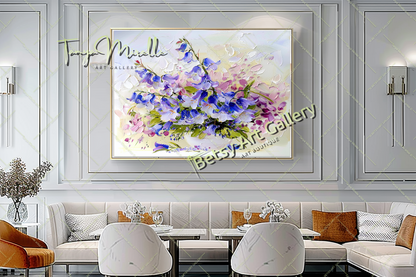 Blooming Wildflowers - Blue Impasto Oil Painting on Canvas #164