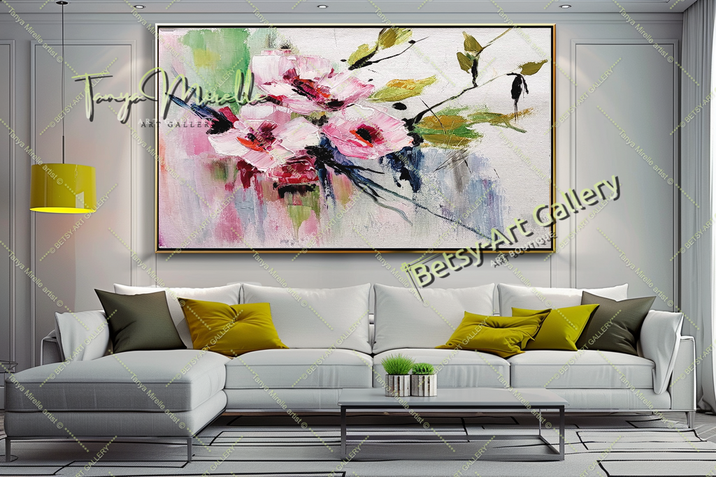 Floral Oil Painting on Canvas - Original Artwork for Modern Interiors – Large – Oil on Canvas – {{ product.title }} canvas artwork by Tanya Mirelle – modern wall decor – original artwork for home, living room, office, or gallery – original artwork by BETSY-ART GALLERY