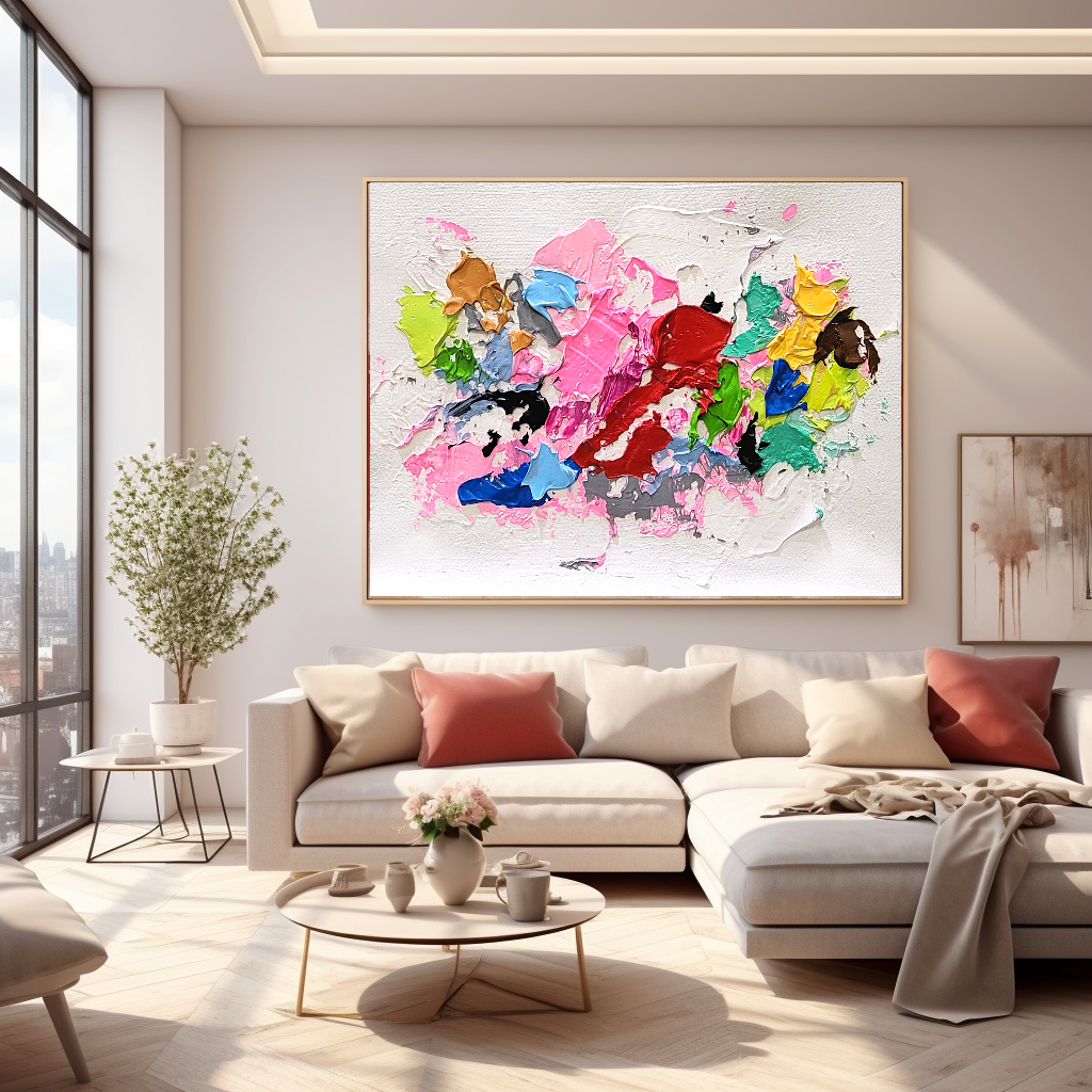 Pink Rainbow, Modern Abstract Impasto Oil Painting on Canvas