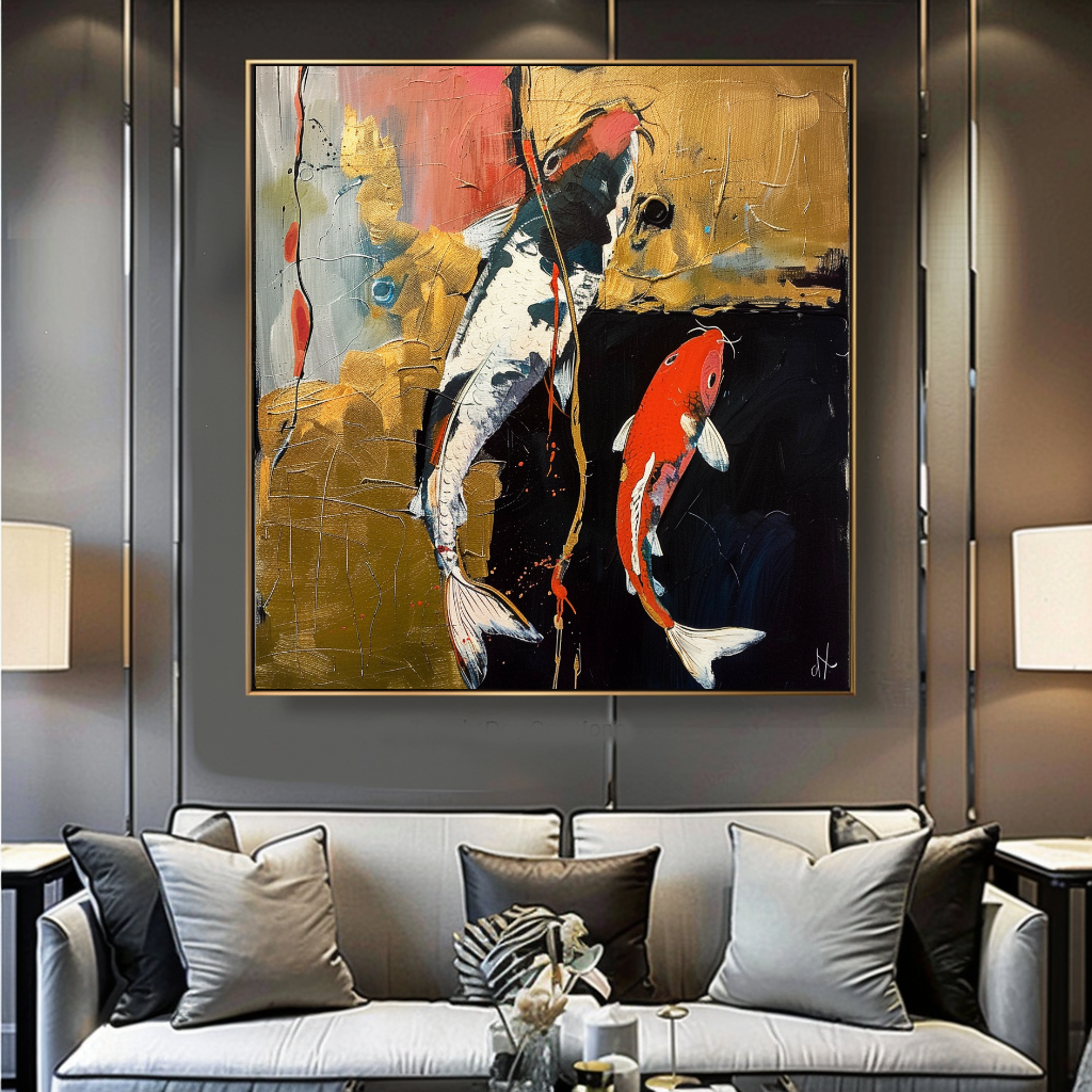 Abstract Koi Fish Impasto Oil Painting – Modern Textured Canvas Art for Living Room – Large – Oil on Canvas – {{ product.title }} canvas artwork by Tanya Mirelle – modern wall decor – original artwork for home, living room, office, or gallery – original artwork by BETSY-ART GALLERY