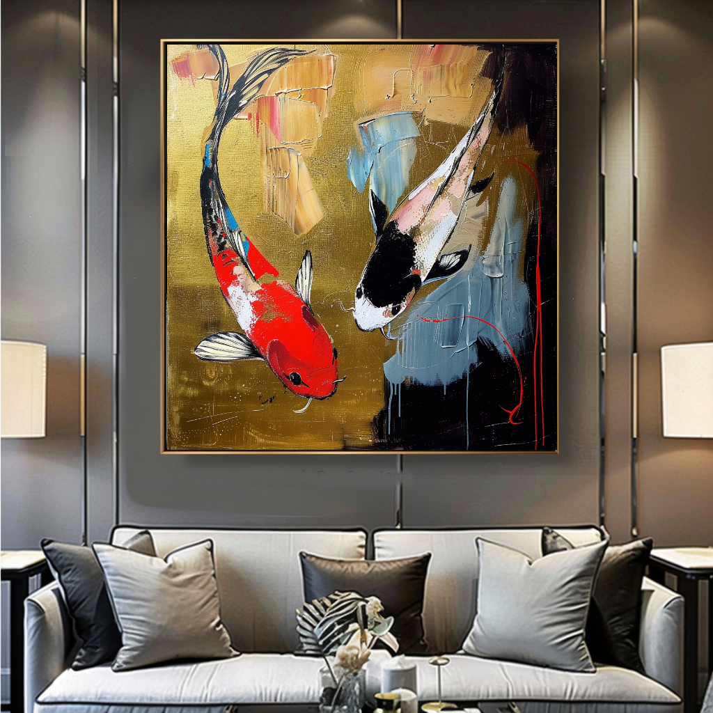 Abstract Koi Fish Impasto Oil Painting – Modern Textured Canvas Art for Living Room – Large – Oil on Canvas – {{ product.title }} canvas artwork by Tanya Mirelle – modern wall decor – original artwork for home, living room, office, or gallery – original artwork by BETSY-ART GALLERY