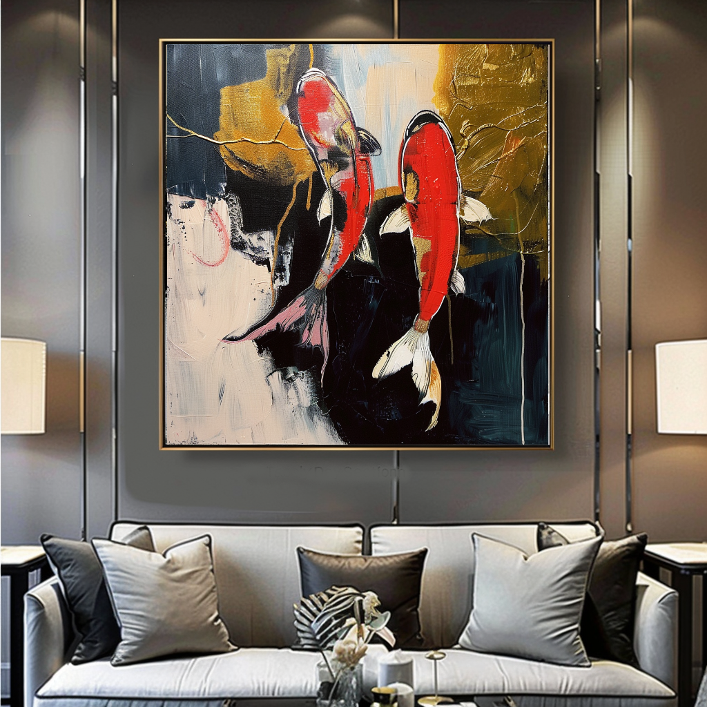 Abstract Koi Fish Impasto Oil Painting – Modern Textured Canvas Art for Living Room – Large – Oil on Canvas – {{ product.title }} canvas artwork by Tanya Mirelle – modern wall decor – original artwork for home, living room, office, or gallery – original artwork by BETSY-ART GALLERY