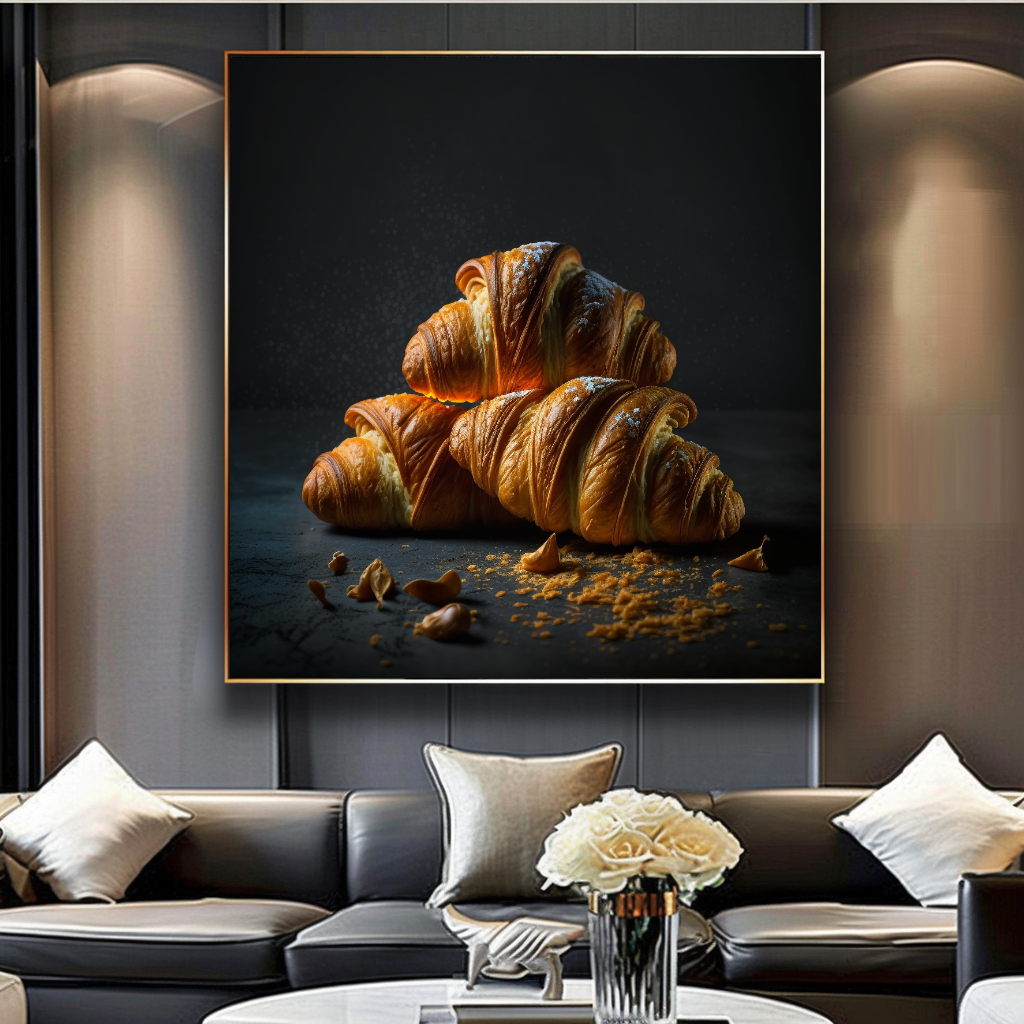 Golden Croissant Canvas Print, French Bakery Food Photography