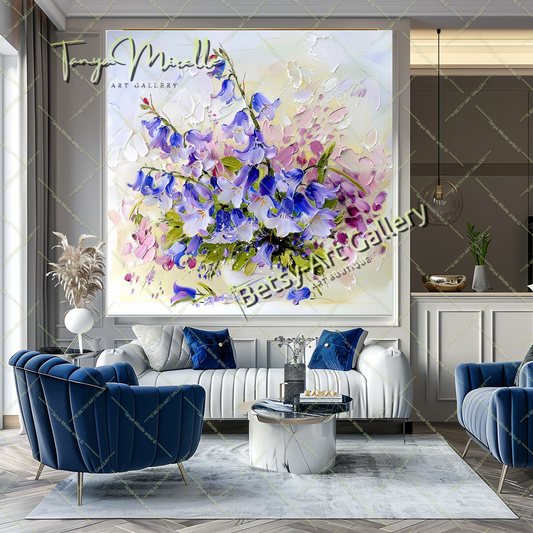 Blooming Wildflowers - Blue Impasto Oil Painting on Canvas #164