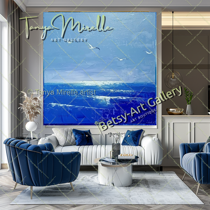 Blue Seascape Painting – Large Impasto Artwork for Home or Office