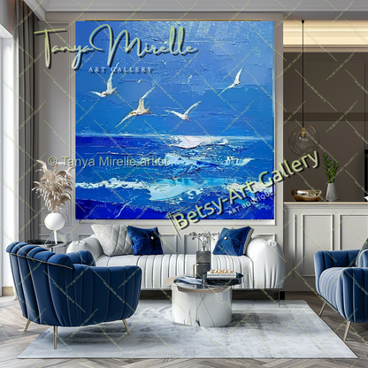 Blue Seascape Painting – Large Impasto Artwork for Home or Office
