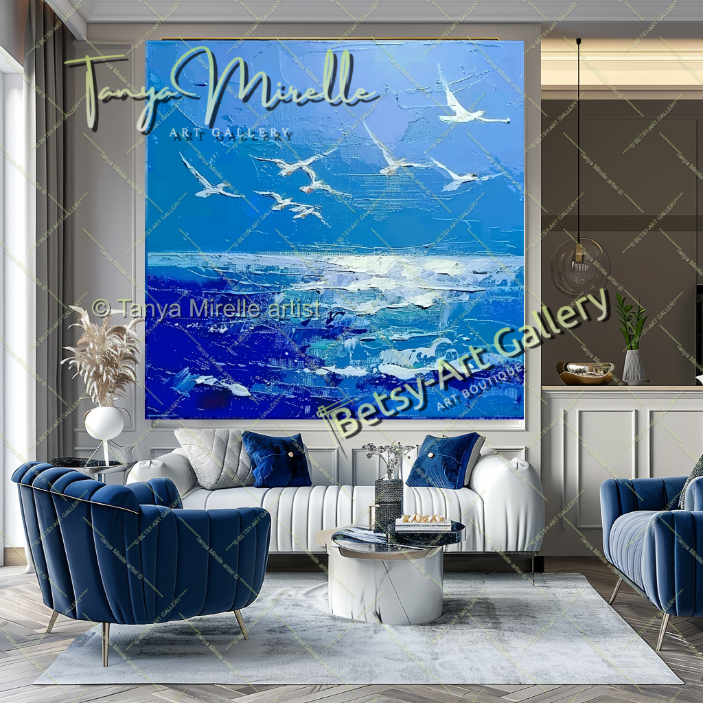 Blue Seascape Painting – Large Impasto Artwork for Home or Office