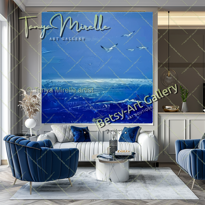Blue Seascape Painting – Large Impasto Artwork for Home or Office