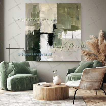 Elegant Green Olive White Textured Canvas Wall Art