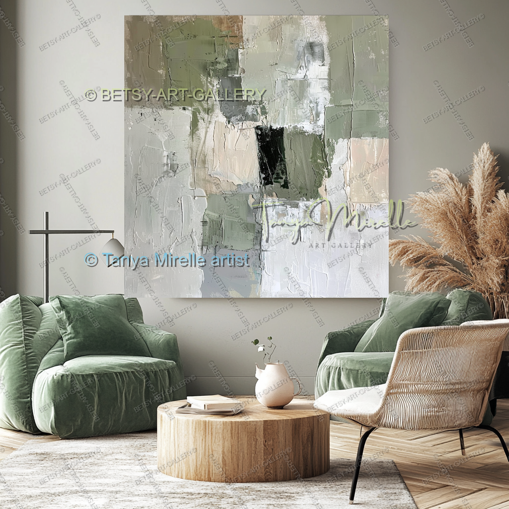 Quiet Green White Composition - Large Abstract Texture Painting