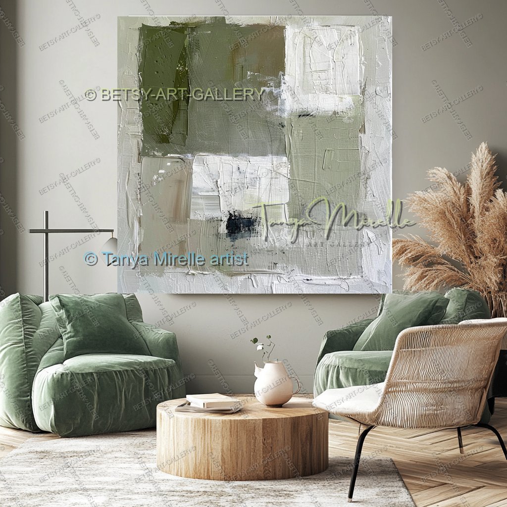Quiet Green White Composition - Large Abstract Texture Painting