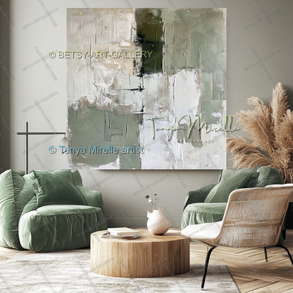 Quiet Green White Composition - Large Abstract Texture Painting