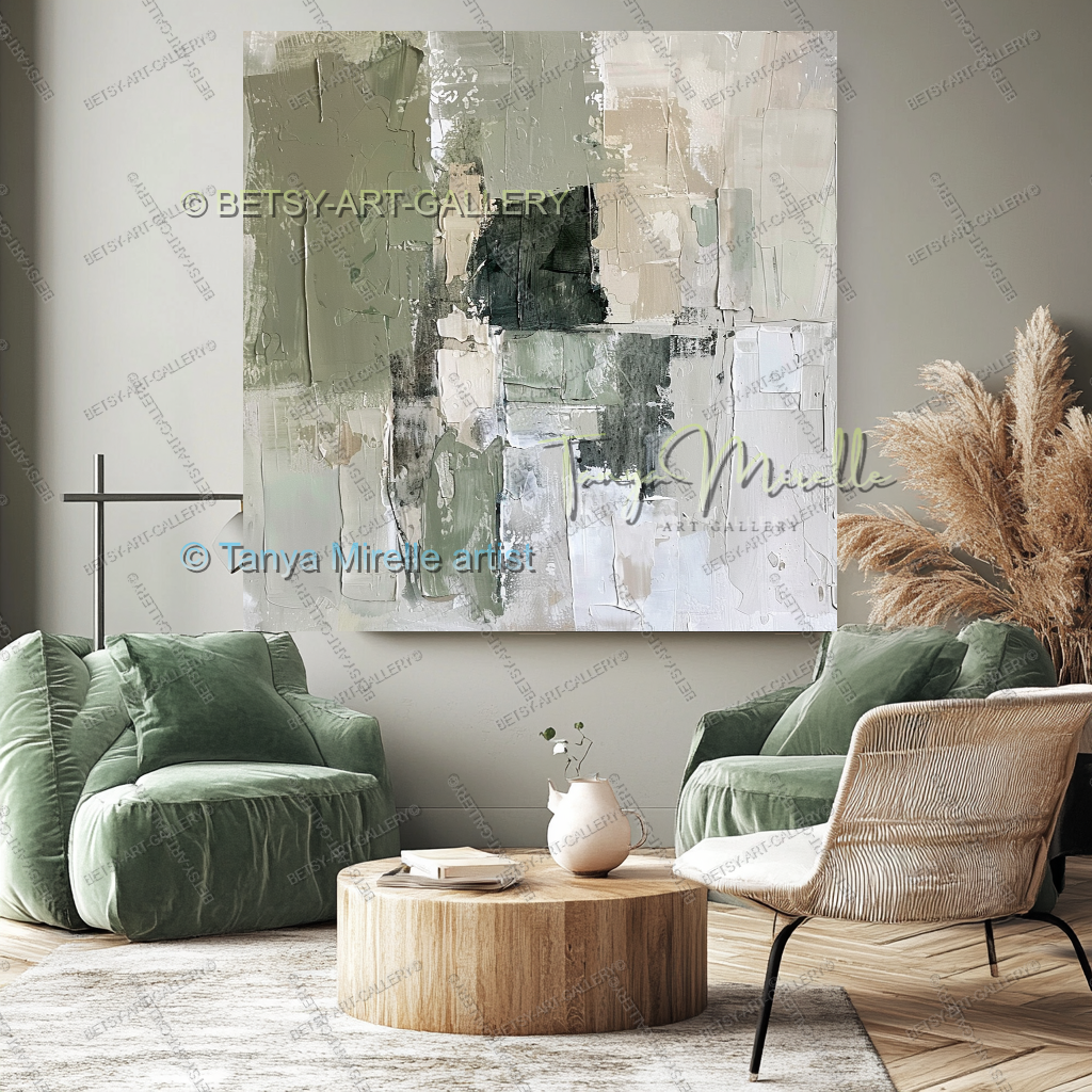 Cream Mint Green Ivory Abstract Texture Painting – Large Canvas Artwork