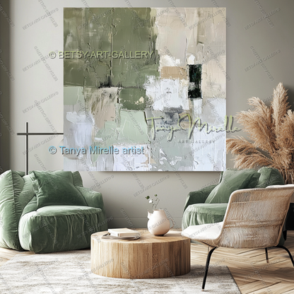 Quiet Green White Composition - Large Abstract Texture Painting