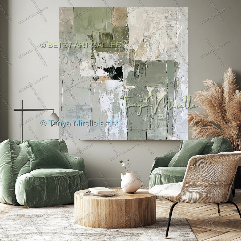 Cream Mint Green Ivory Abstract Texture Painting – Large Canvas Artwork