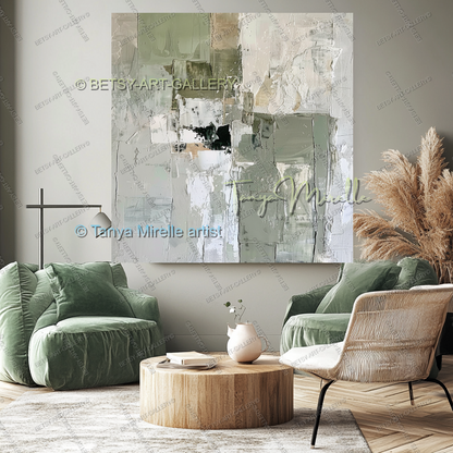 Cream Mint Green Ivory Abstract Texture Painting – Large Canvas Artwork