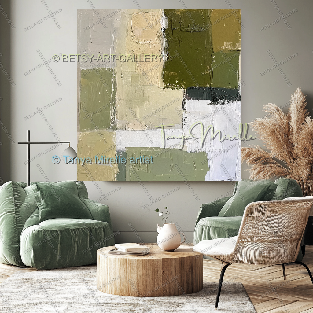 Modern Neutral Tones with Sage Green - Large Abstract Statement Piece