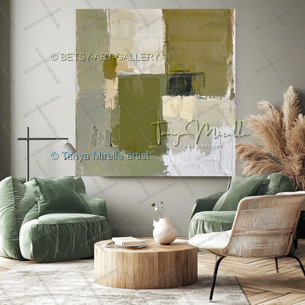 Modern Neutral Tones with Sage Green - Large Abstract Statement Piece