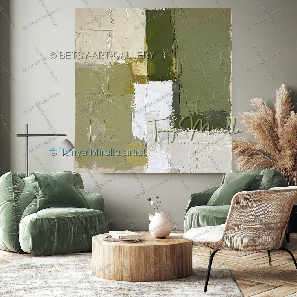 Modern Neutral Tones with Sage Green - Large Abstract Statement Piece