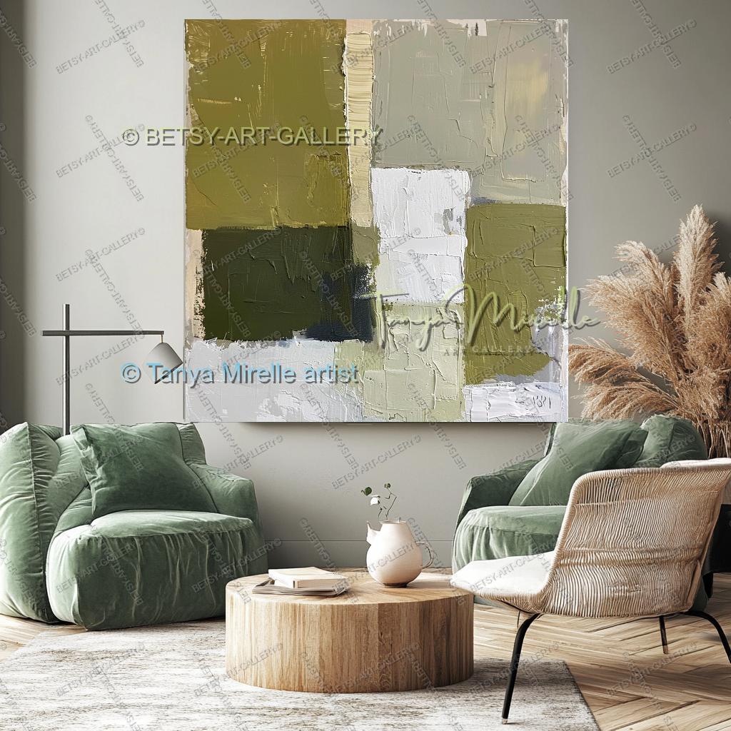 Modern Neutral Tones with Sage Green - Large Abstract Statement Piece