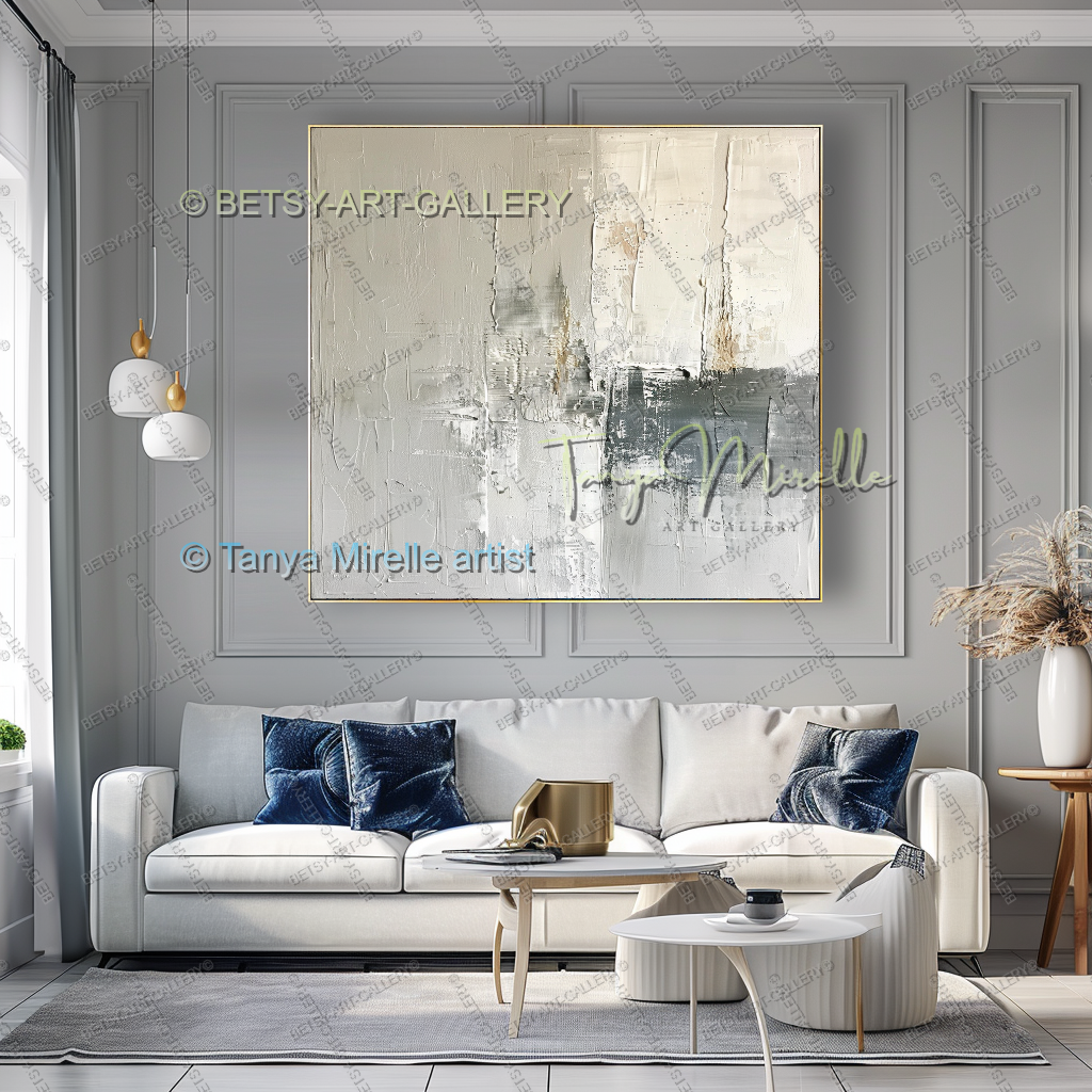 Large Modern Abstract Wall Art in Warm Gray and White