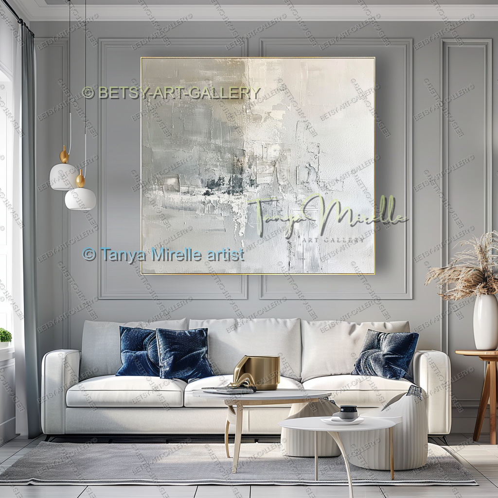Large Modern Abstract Wall Art in Warm Gray and White