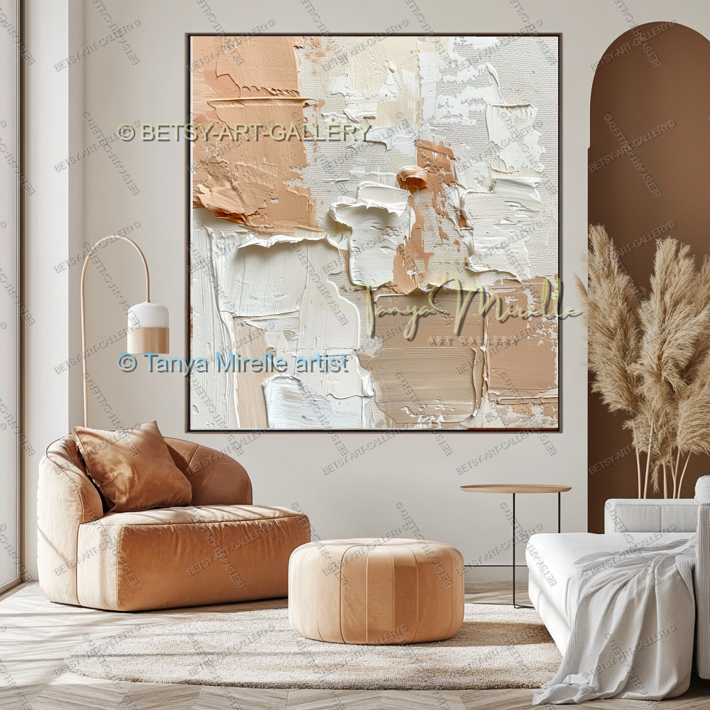 Cream & Coral Composition - Soft Neutral Abstract Painting