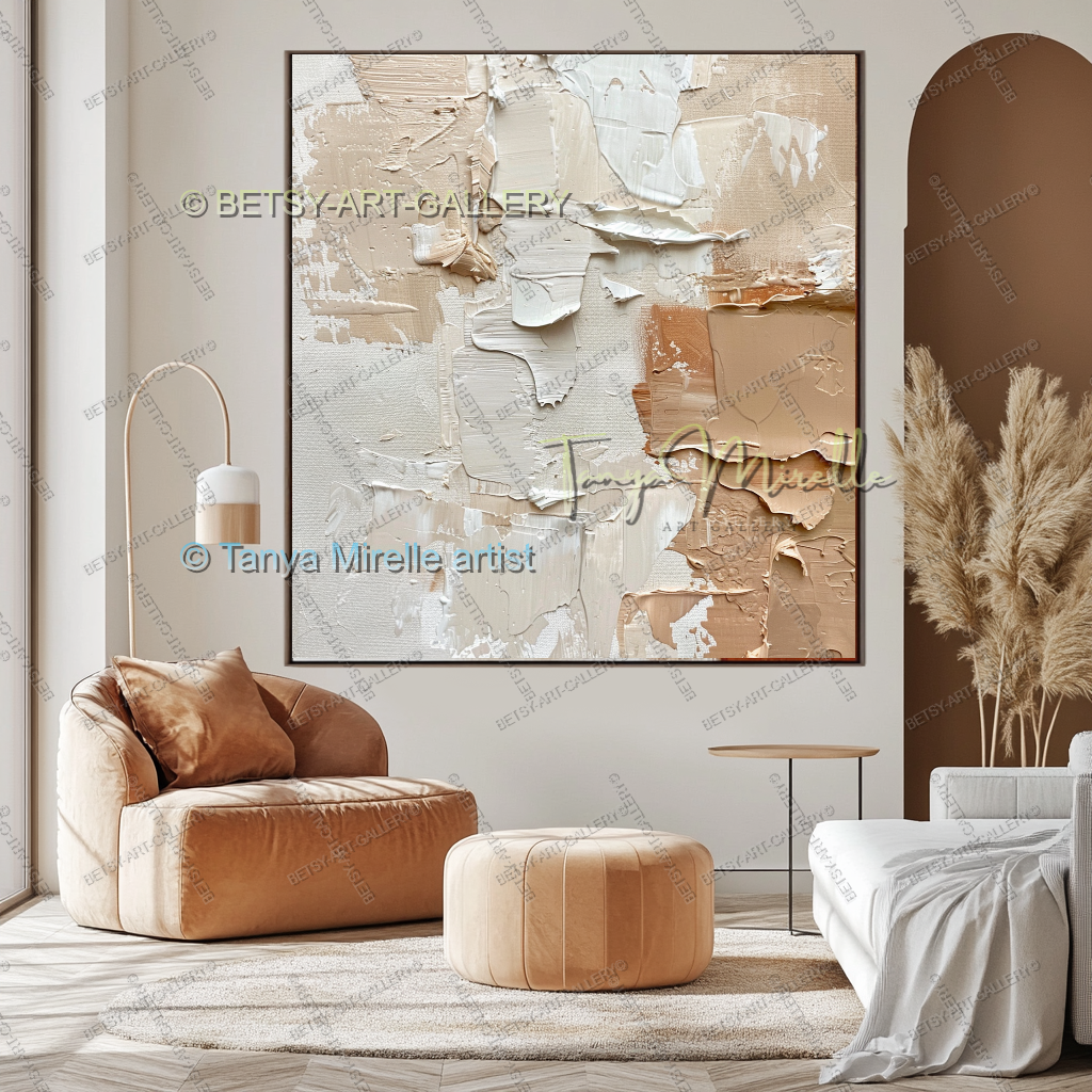 Cream & Coral Composition - Soft Neutral Abstract Painting