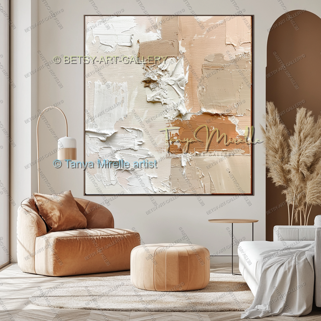 Cream & Coral Composition - Soft Neutral Abstract Painting