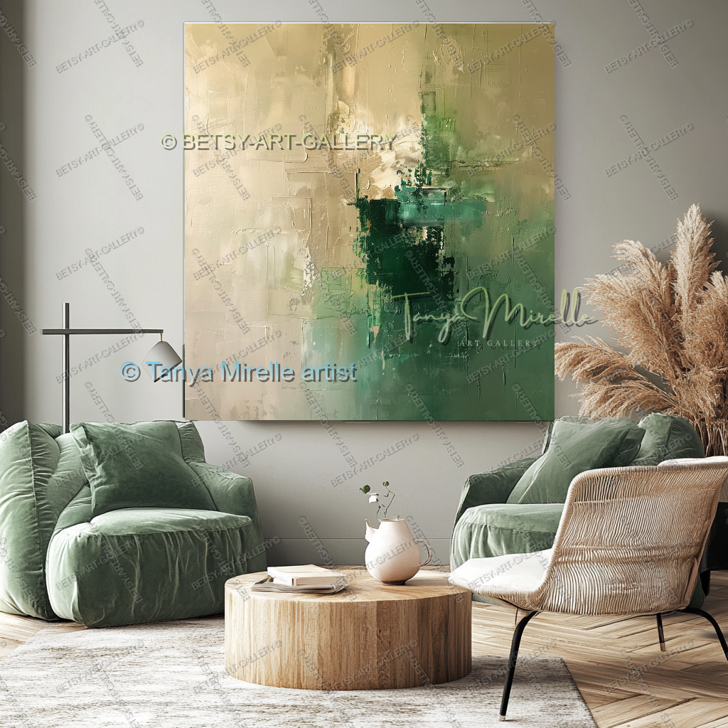 Beige Green Harmony Abstract – Modern Neutral Canvas Art for Home or Office
