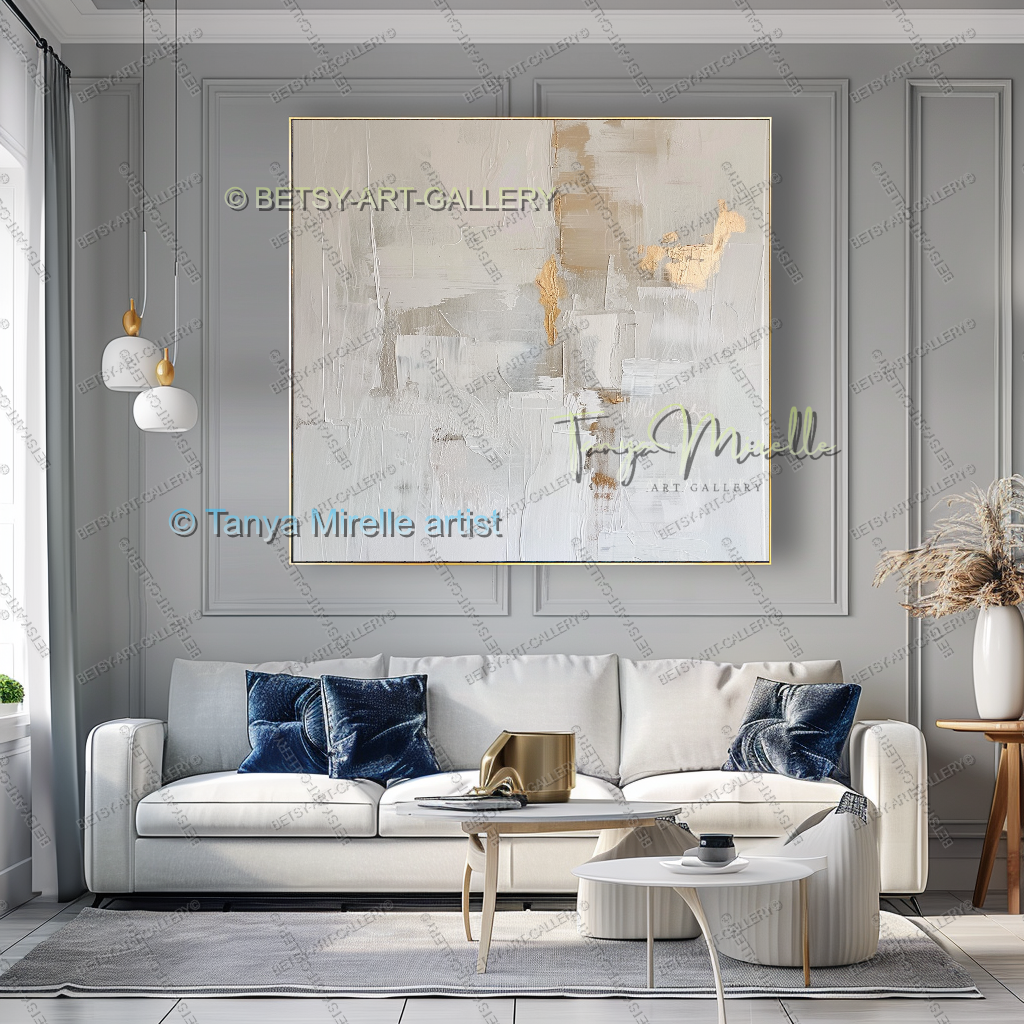 Gold Accent Wall Art - Large Abstract Textured Painting for Home Office