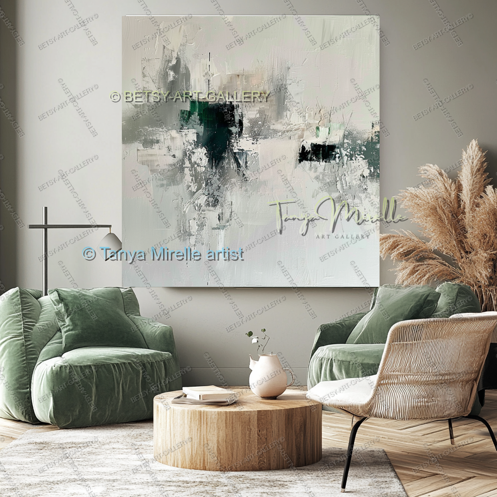 Serene Neutral Painting - Large Green Ivory Harmony Abstract Wall Art