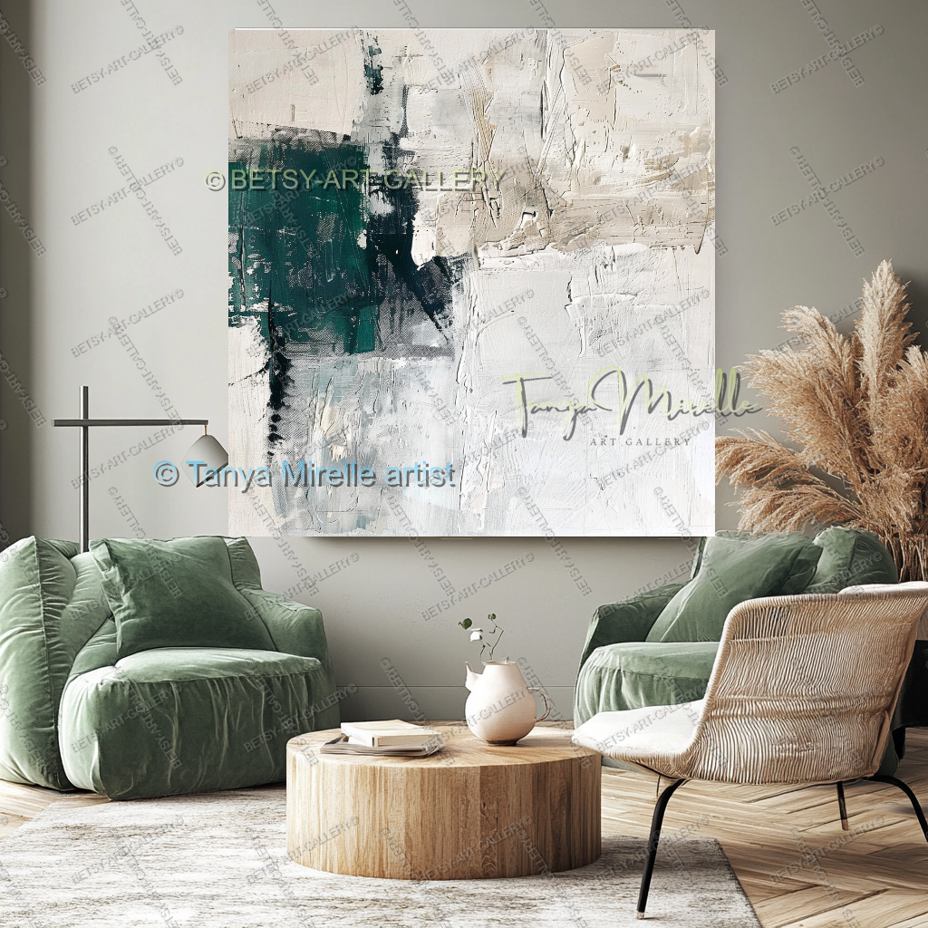 Serene Neutral Painting - Large Green Ivory Harmony Abstract Wall Art