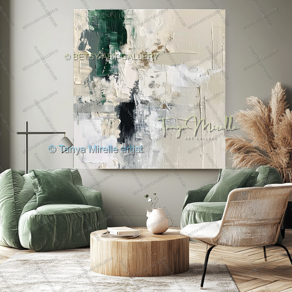 Serene Neutral Painting - Large Green Ivory Harmony Abstract Wall Art