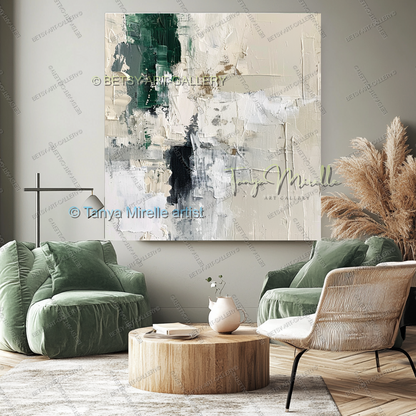 Serene Neutral Painting - Large Green Ivory Harmony Abstract Wall Art